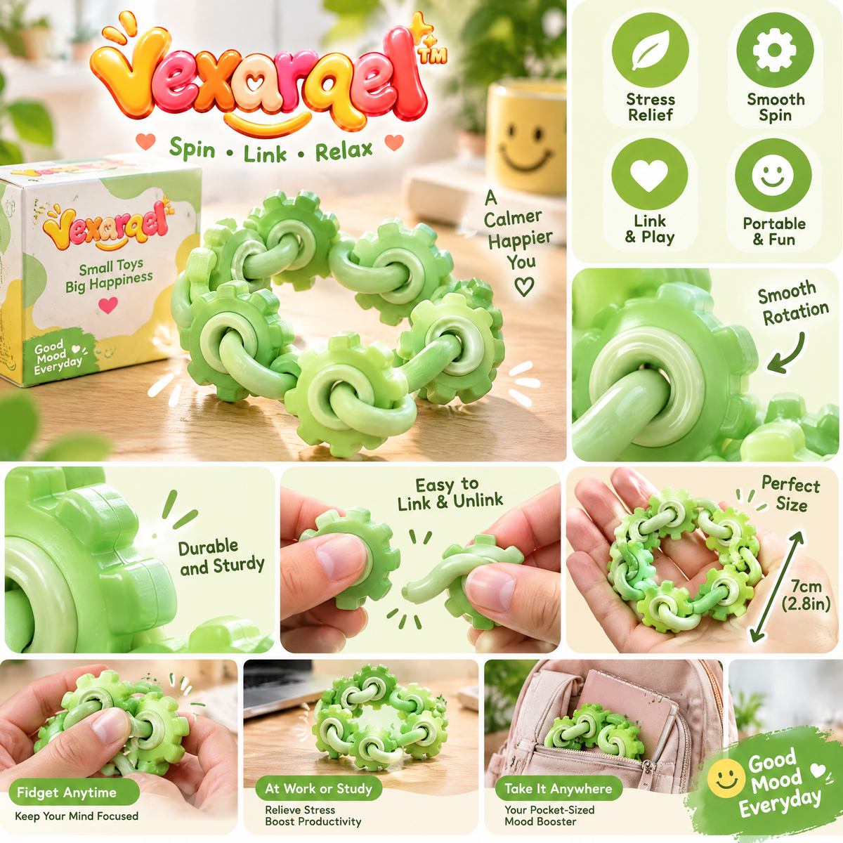 Vexarqel™ Green Gear Link Fidget Toy — product details