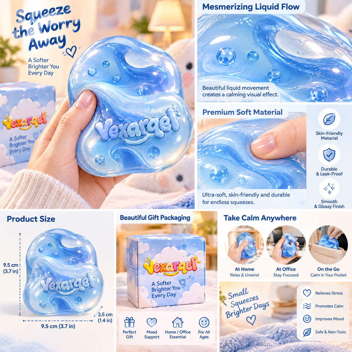 Vexarqel™ Blue Wave Liquid Sensory Squeeze Toy — play features