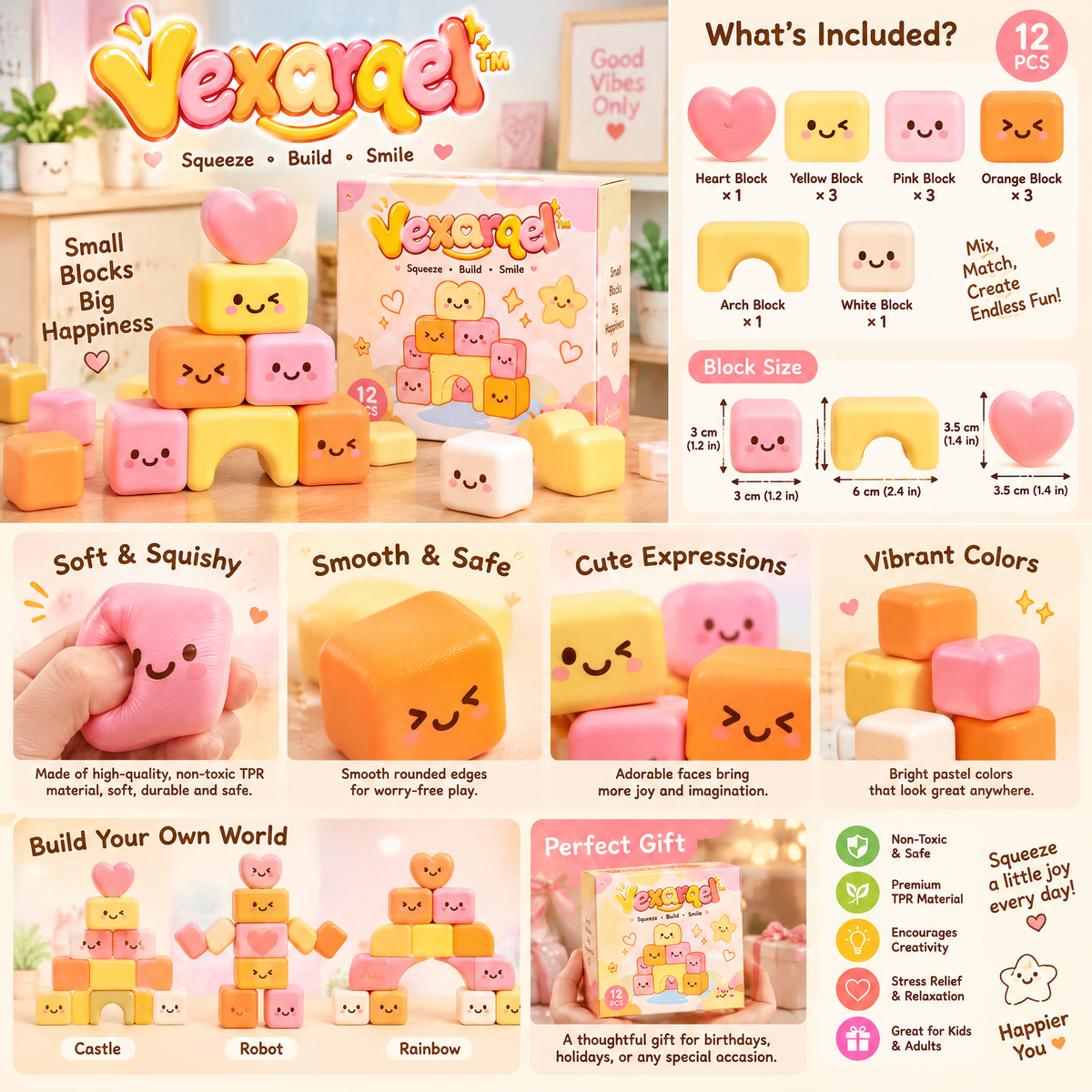 Vexarqel™ Happy Face Building Blocks, 12-Piece Set — play features