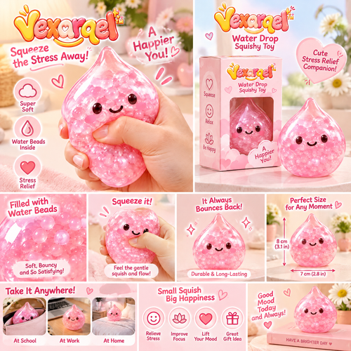 Vexarqel™ Pink Water-Bead Drop Squishy Toy — play features