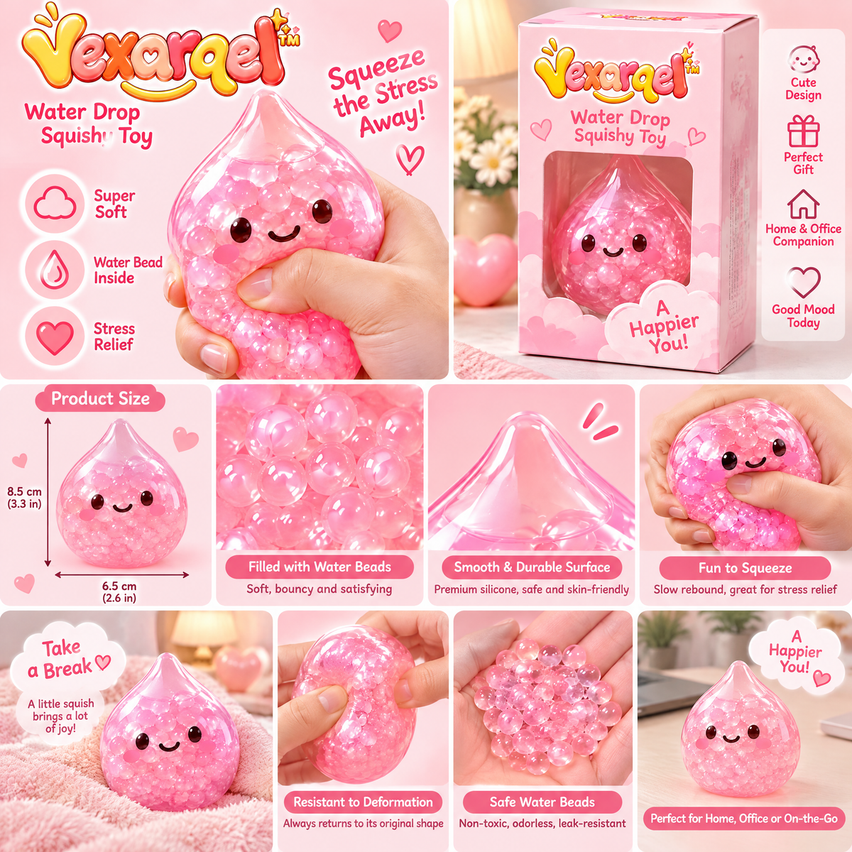 Vexarqel™ Pink Water-Bead Drop Squishy Toy — product details