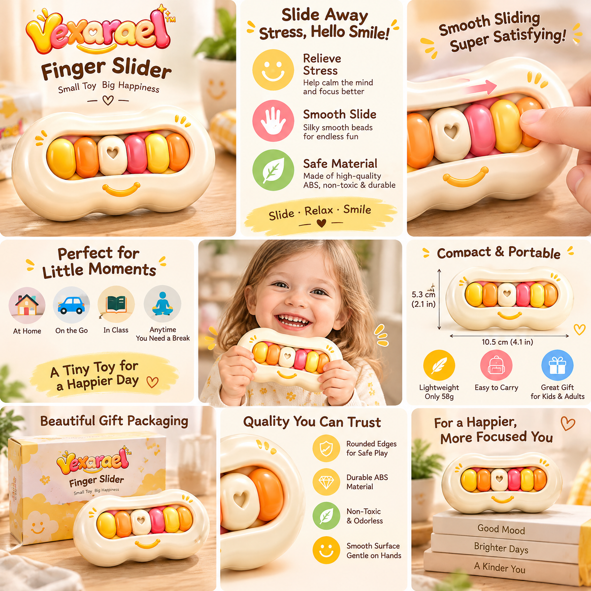Vexarqel™ Cream Rainbow Finger Slider Fidget Toy — play features