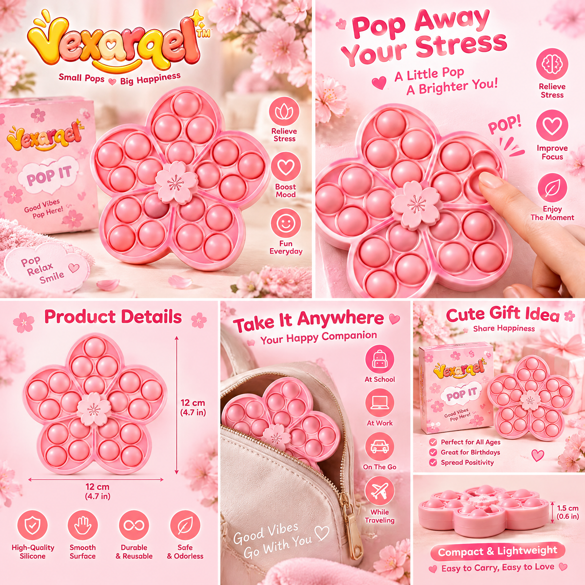 Vexarqel™ Pink Butterfly Pop-It Fidget Toy — play features