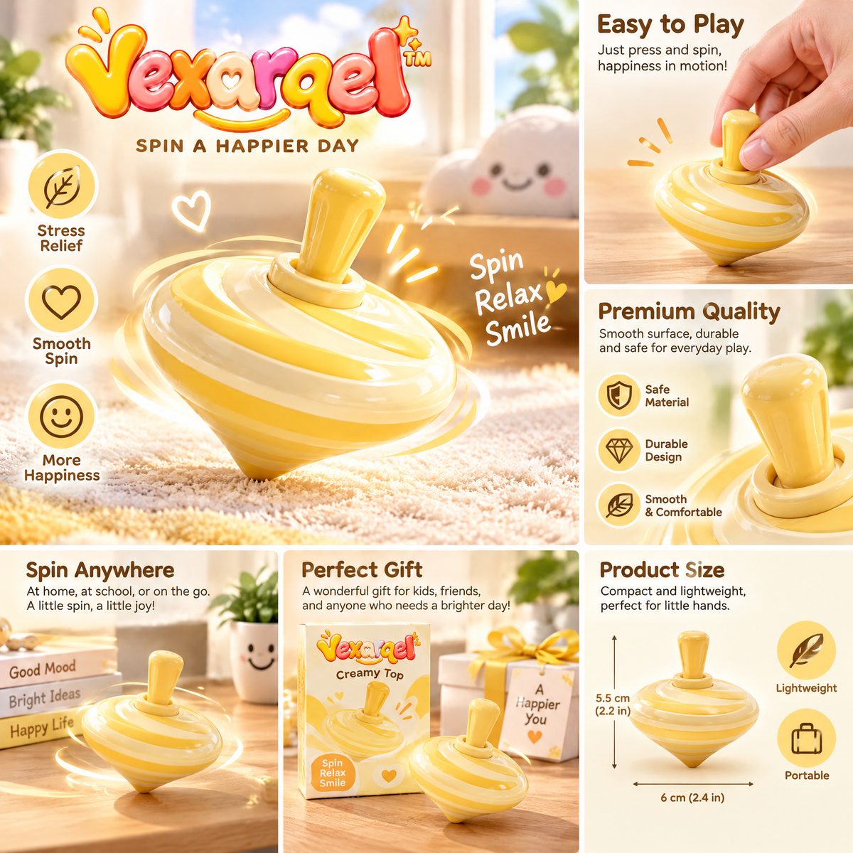 Vexarqel™ Creamy Yellow Spin Top Fidget Toy — play features
