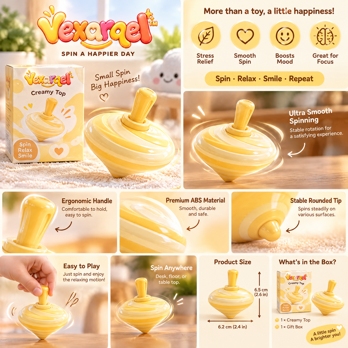 Vexarqel™ Creamy Yellow Spin Top Fidget Toy — product details