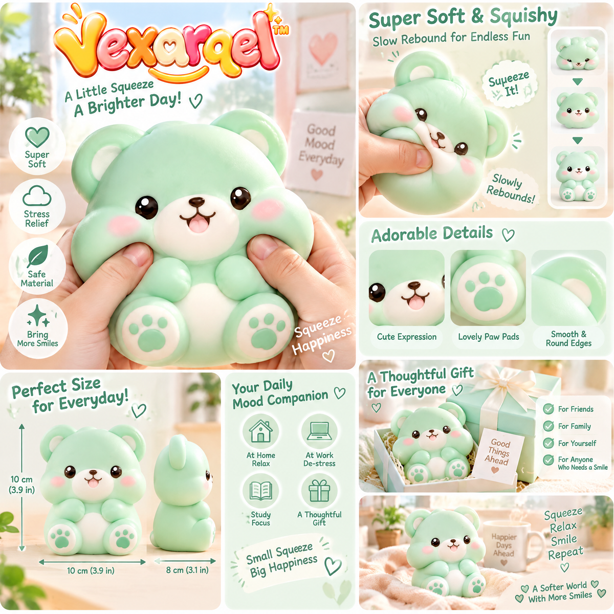 Vexarqel™ Mint Green Bear Squishy Toy — play features