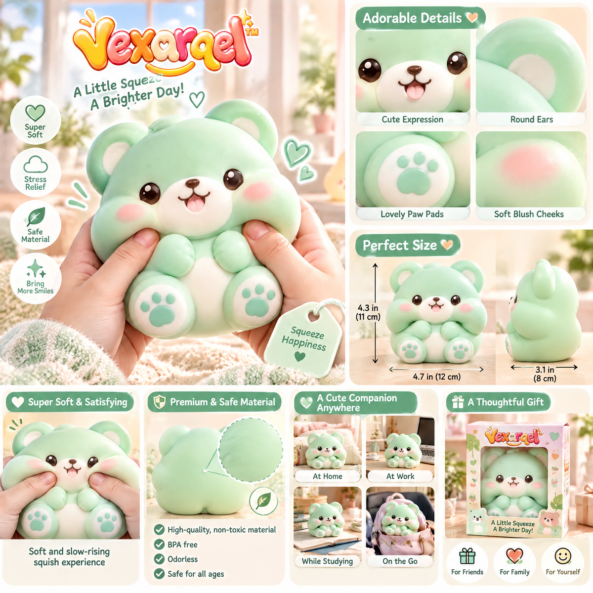 Vexarqel™ Mint Green Bear Squishy Toy — product details