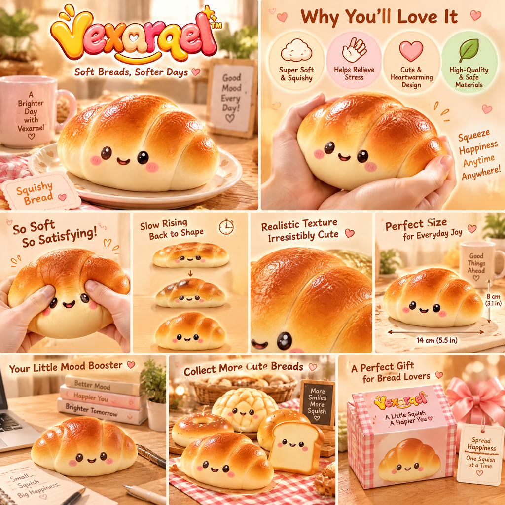 Vexarqel™ Smiling Croissant Squishy Toy — play features