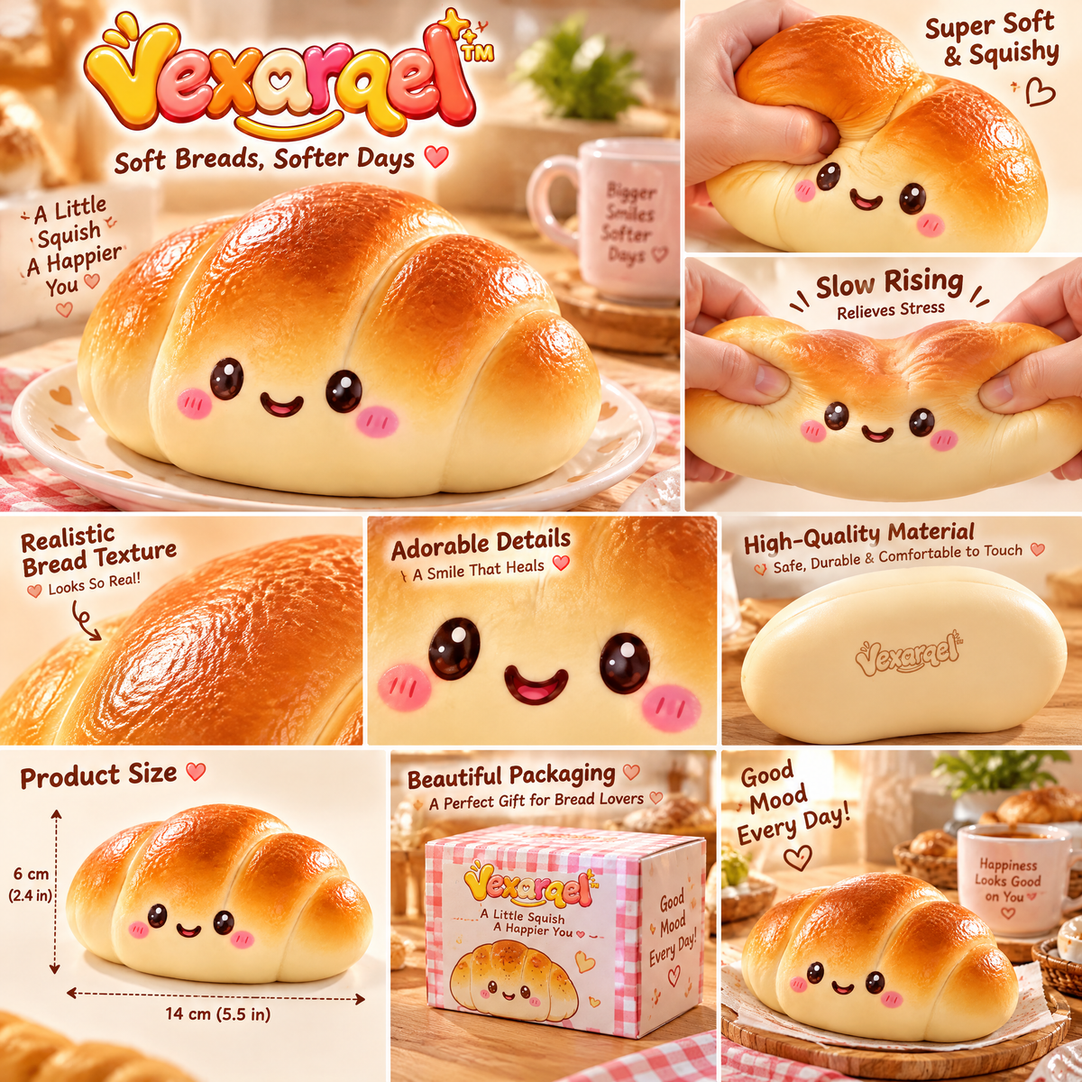 Vexarqel™ Smiling Croissant Squishy Toy — product details