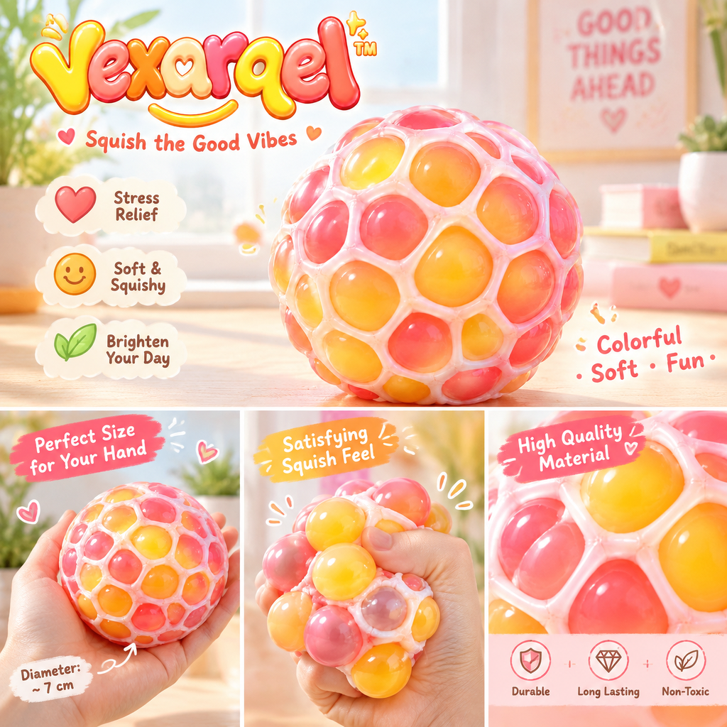 Vexarqel™ Rainbow Bubble Mesh Squeeze Ball — play features