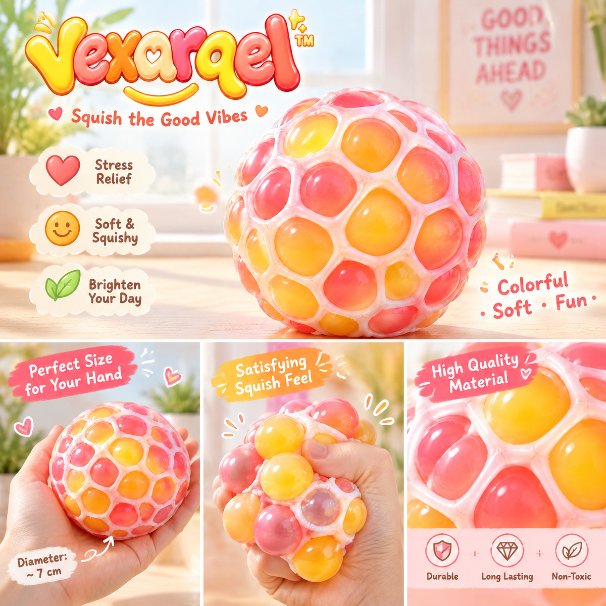 Vexarqel™ Rainbow Bubble Mesh Squeeze Ball — play features