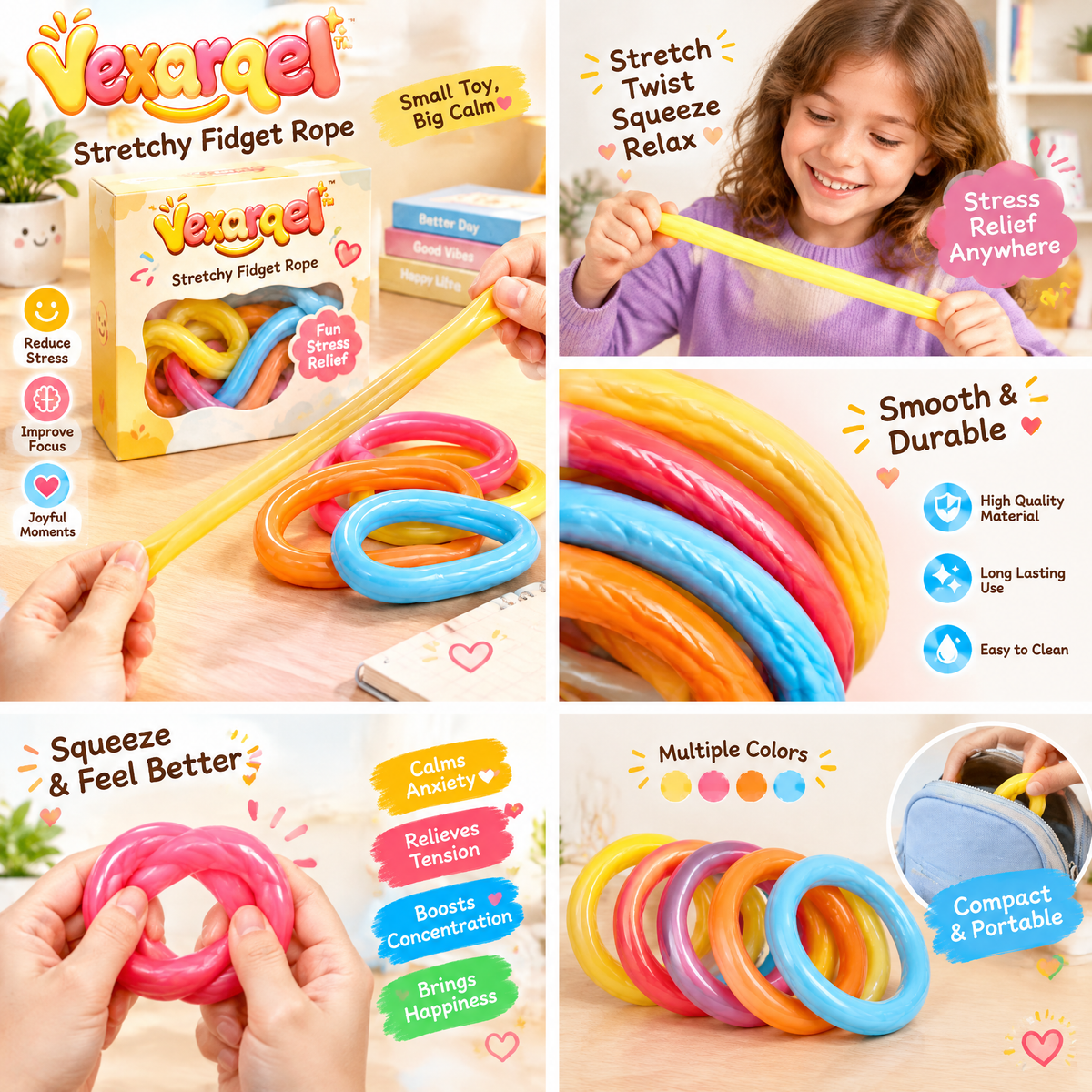 Vexarqel™ Colorful Stretchy Fidget Rope Set — play features